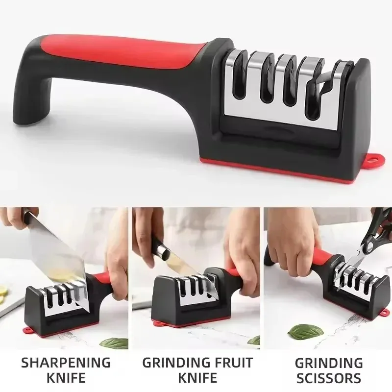 4-in-1 Knife Sharpener Stainless Steel Quick Knife Sharpening Tool Stable Non-Slip Base for Kitchen Knives Grip Rubber Handle