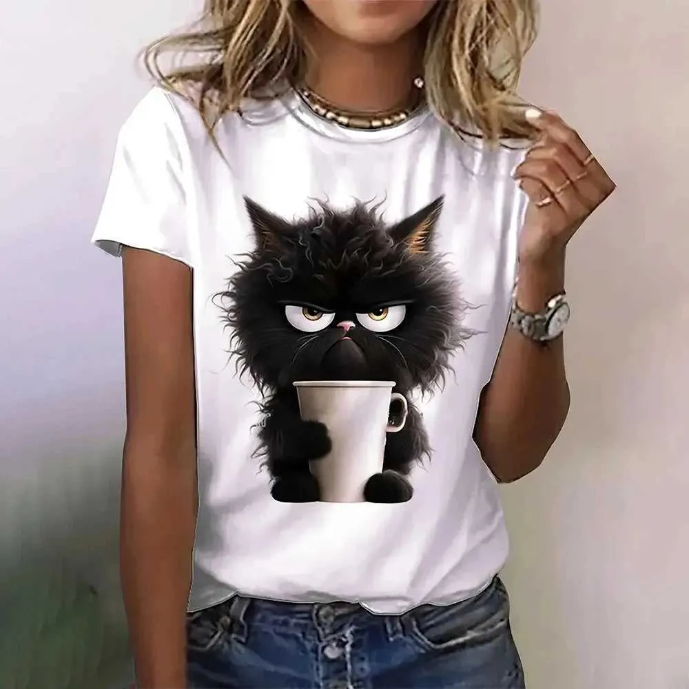 Kadın T-Shirt 3d Kedi Kawaii Baskı Kadın Tişörtleri Yaz Moda için Yeni Üstler Günlük Harajuku Komik Kadın Giyim Kısa Kollu Tshirts 240423