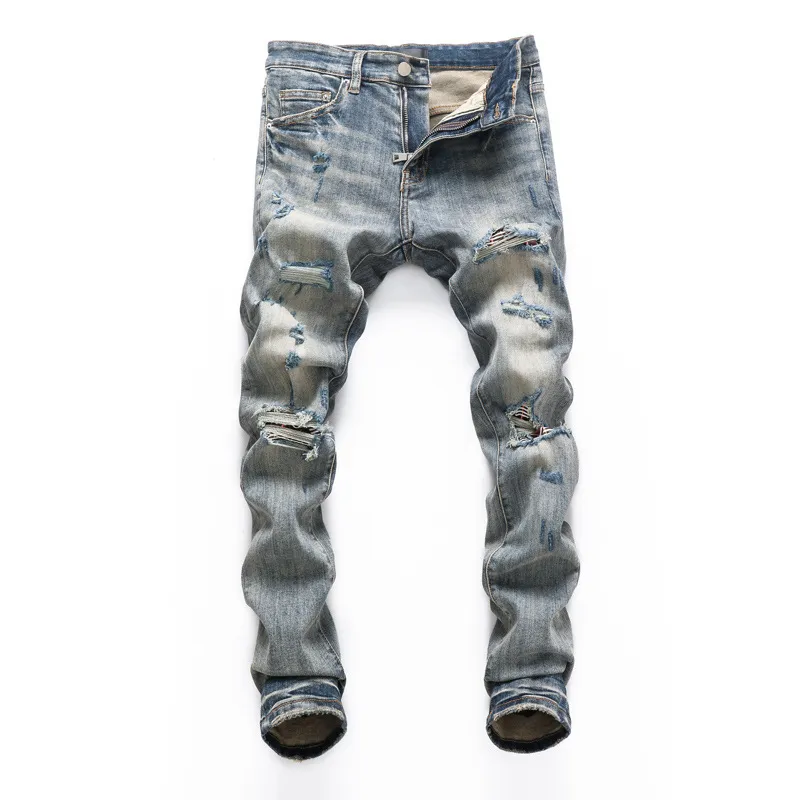 Man's Jeans Torn Patches Trendy Elastic Jeans Slim Leggings Pants Versatile Pants Denim Hole Trousers