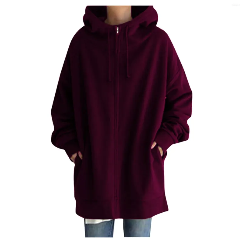 Frauenjacken Frauen Sweatshirts hohe Länge Feste Farbe Reißverschlüsse Kapuze Longline Fleece Gefüttert Streetwear Pullover Pullover Reißverschluss