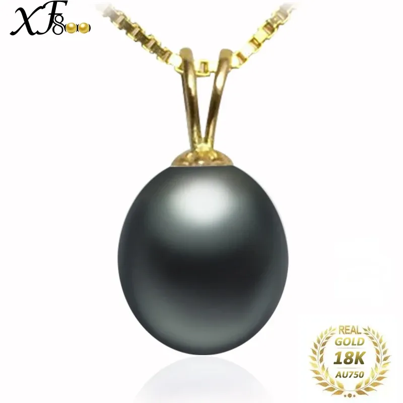 Necklaces XF800 Real 18K Yellow Gold Pendant Necklace 910mm Black Natural Freshwater Pearl Fin Jewelry Wedding Gift For Women Girl D227