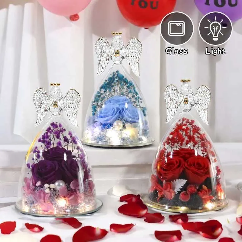 Faux Floral Greenery Angel Rose Gifts For Women Vriendin Eternal Flower In Angel Figurines Glass Cover met Led Light Mothers Valentijnsdag Gift T240422