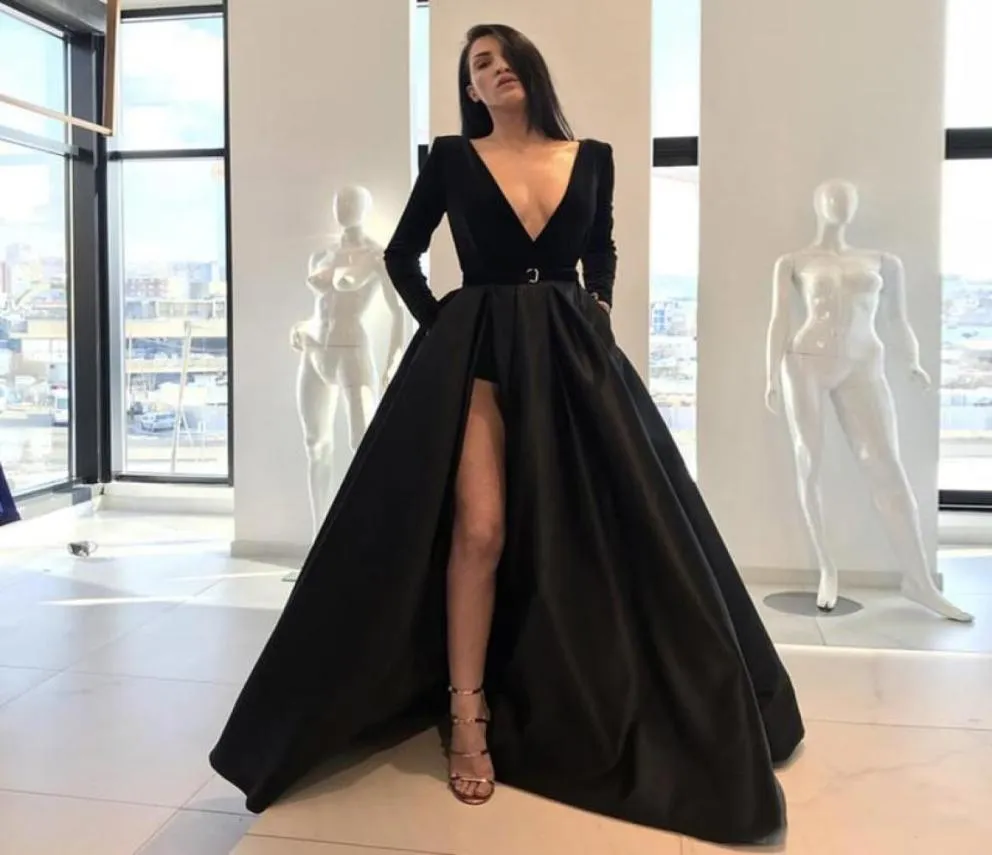 Sexy Vneckline Black Evening Dresses A Line Long Sleeves High Side Split Floor Length Prom Party Gowns Satin Formal Pageant Dress1364100