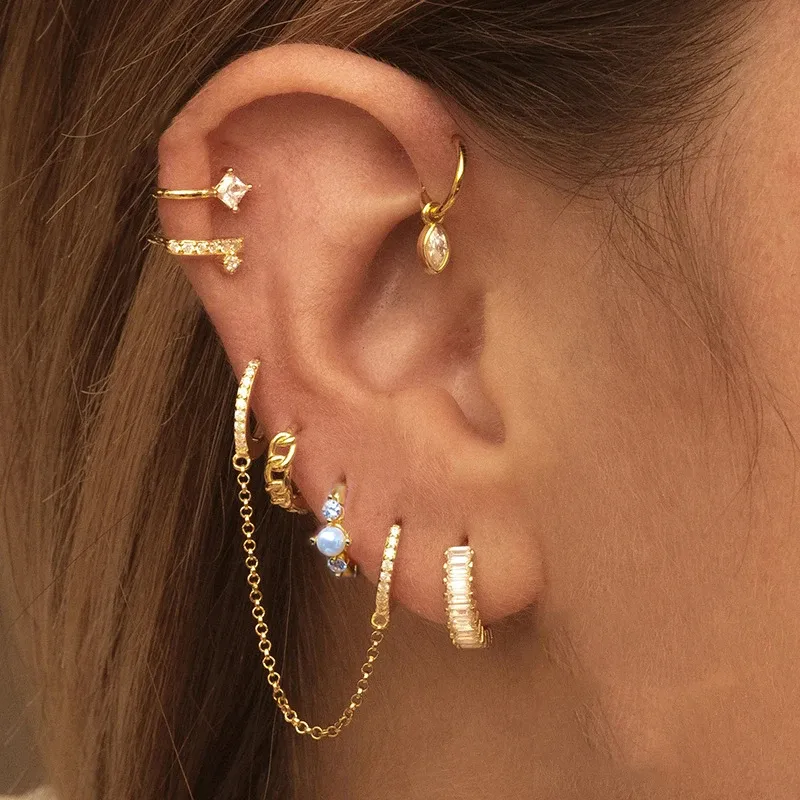 Earrings Gold Silver Color Stainless Steel Zircon Link Chain Hoop Earrings For Women Men Small Huggie Cartilage Earring Piercing Jewelry