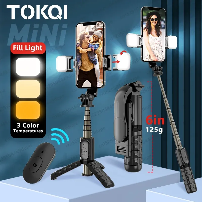 Sticks Double Fill Light Selfie Stick statief met draadloze afstandsbediening, mini uitbreidbaar 4 in 1 monopod 360 ° rotatie telefoonstandhouder