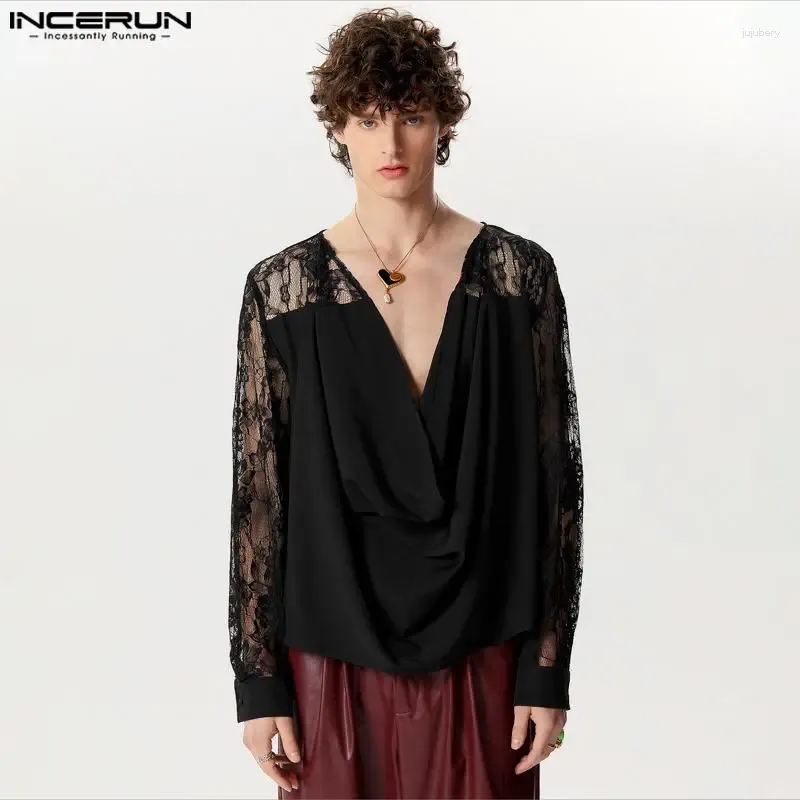 Chemises décontractées pour hommes American Style Pile Up Collar Design Splicing Lace Male Couleur masculine Blouse à manches longues S-5XL TOPS INCERUN 2024