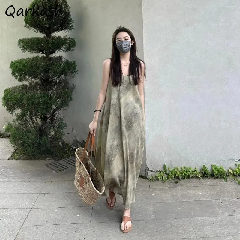 Casual Dresses Tie Dye Slip Women Summer Sleeveless Design Retro A-line Midi Loose Holiday Beach Vestidos Simple Stylish