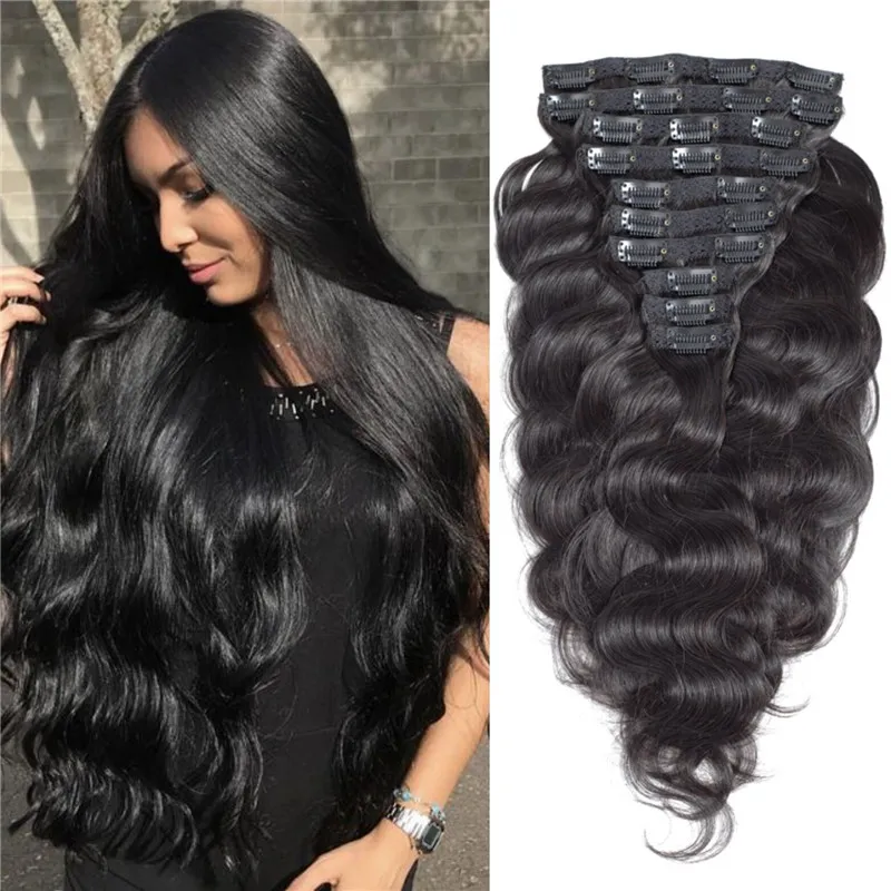 Long Wavy Clip in Hair Extensions Natural Black Virgin Brazilian Human Hair Body Wave Clip ins Extension 8pcs 120g Hair Products