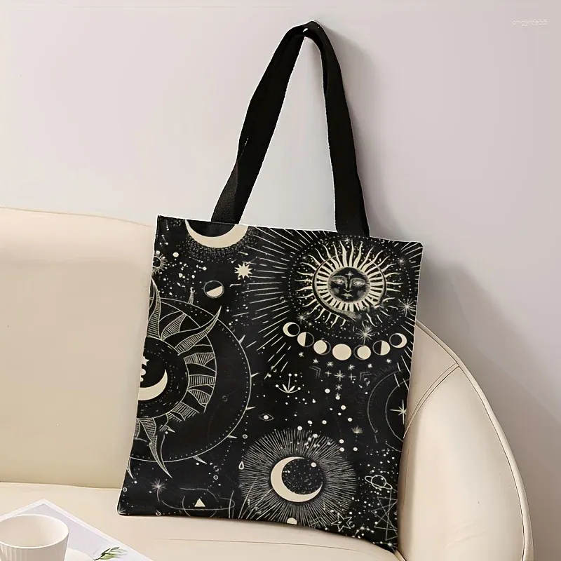 Storage Bags Sun Moon Pattern Double Sided Printed Casual Tote Bag Reusable Fashionable Backpack Multi Functional Handbag Alphabet