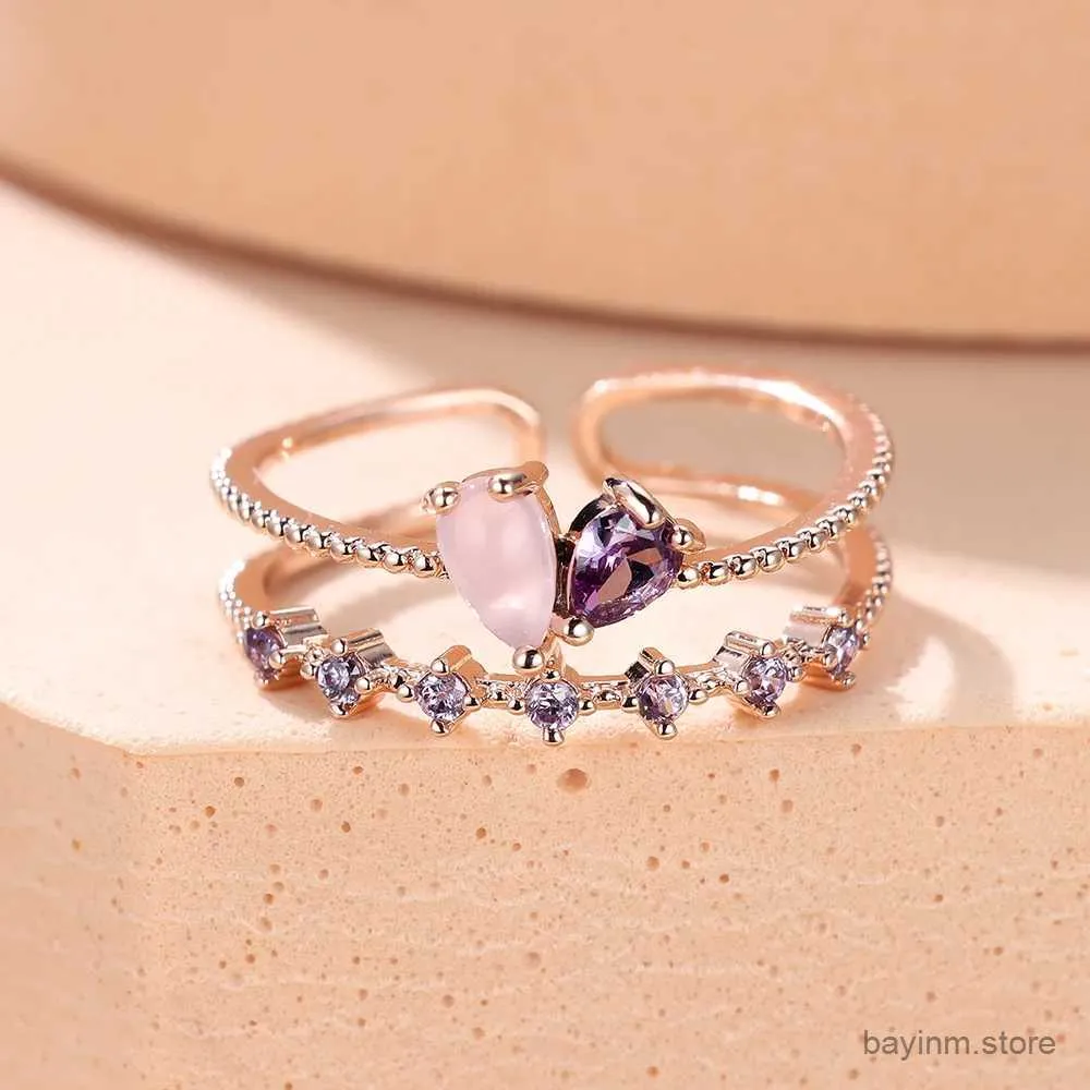 Wedding Rings Female Delicate Small Water Drop Purple Crystal Rings For Women Silver Color Adjustable Pink Zircon Wedding Bands Party Jewelry