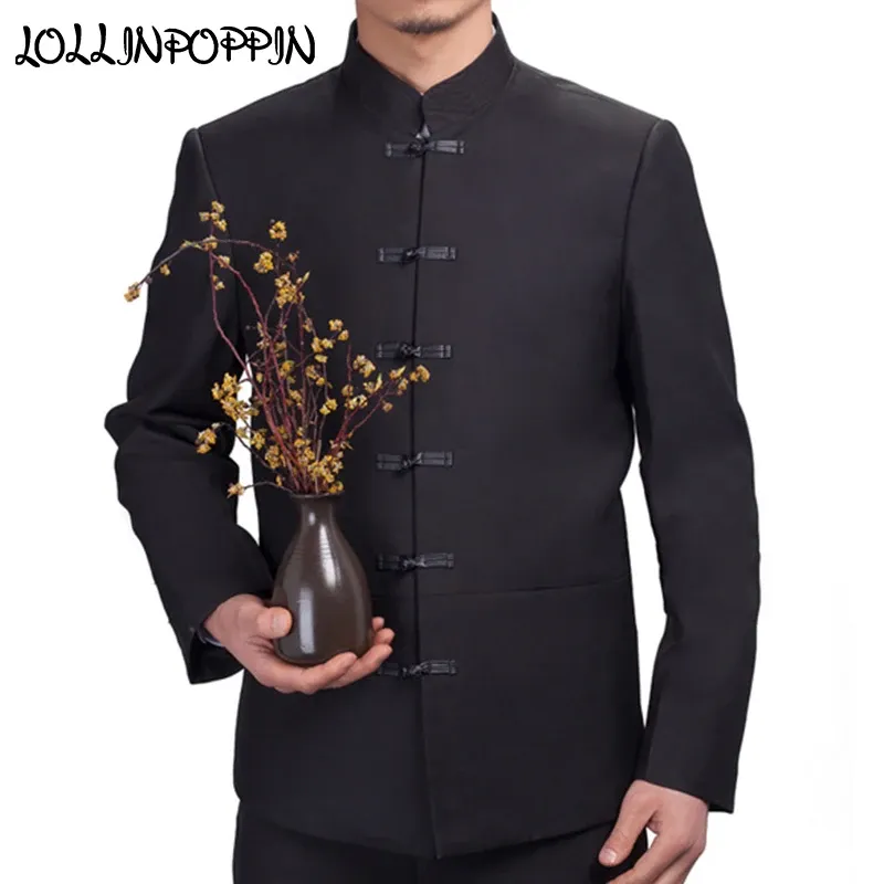 Jackets Tradicional Chinese Chinese Casaco Fechamento de Sapo Single Hasted Mens Black Tunic Suites Cola mandarim