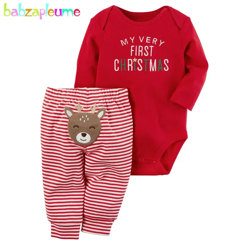 Sets Babzapleume Herbst Neugeborene Baby Weihnachts -Outfit -Mädchen Kleidung Set Cartoon süßer Buchstaben Langarm Kinderkörperbodysuit+Streifenhose 087