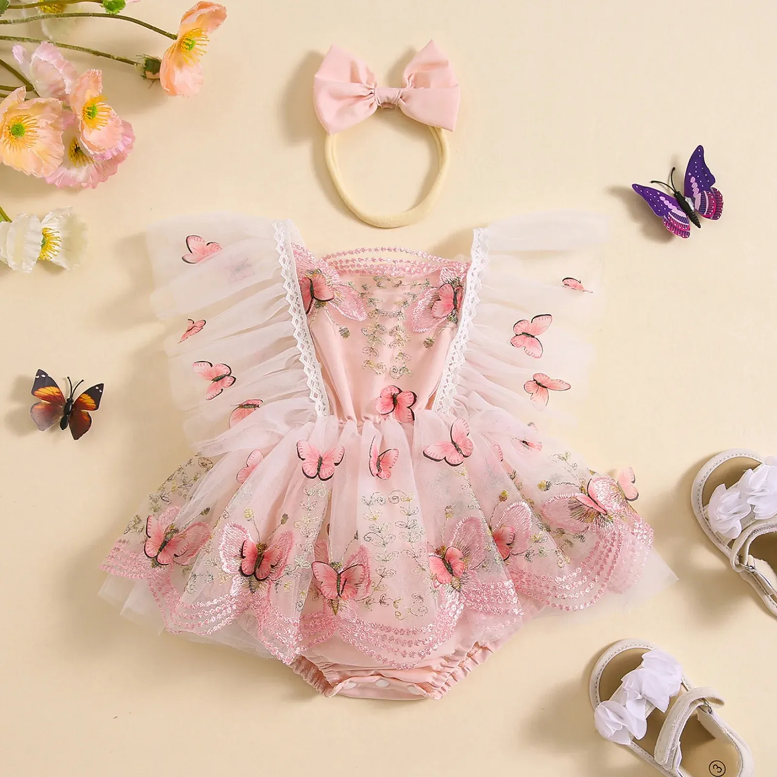 Pieces Princes Chiffon Baby Girls Rompers Dress Party Lace Trim Butterfly Crianças Roupas de manga de tule de manga voa Borda de bainha