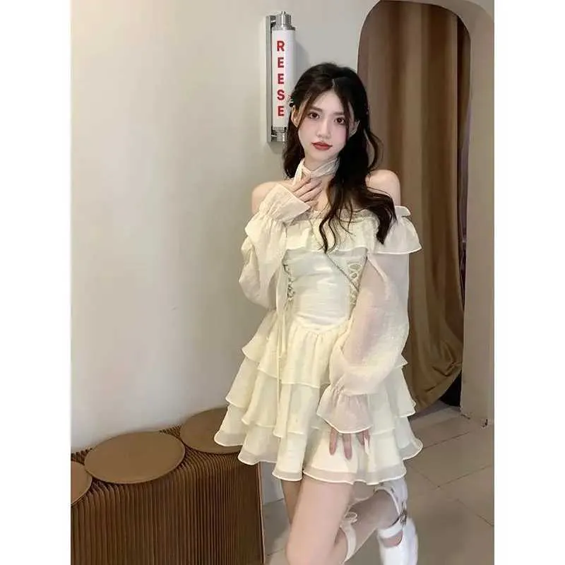 korean mini dress long neck sweet Korean Fashion Long Sve Ele Mini Dress - Solid Color, Perfect for Parties, Casual Spring td garden events