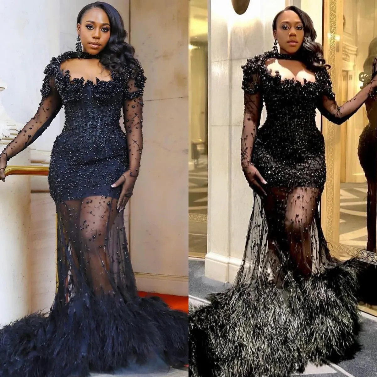 black long sleeve dress with pearls Vienna Long Sleeve Embellished Backless Maxi Dress in Black