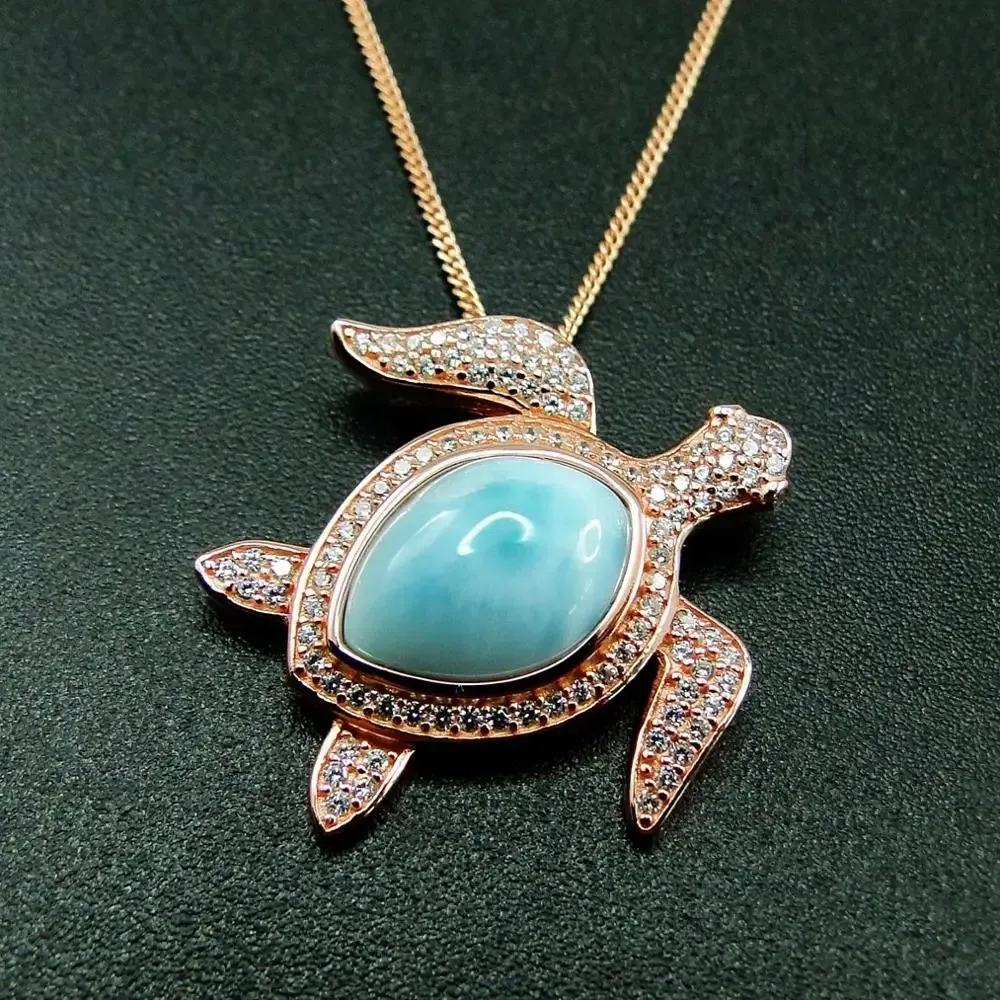 Colares azuis finos Larimar 925 prata esterlina Natural Larimar Larimar Colar pingente de tartaruga marinha para mulheres Presente