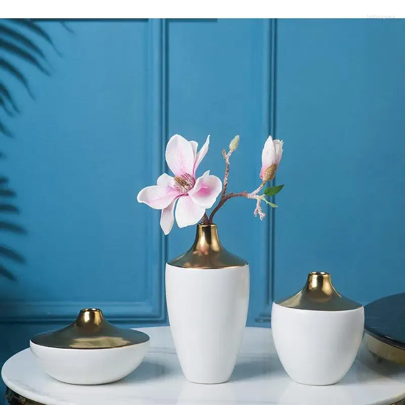 Vazen vergulde witte keramische vaasdesk decoratie bloemen arrangement bloemen potten moderne woning decor creatief ambachten bloemen