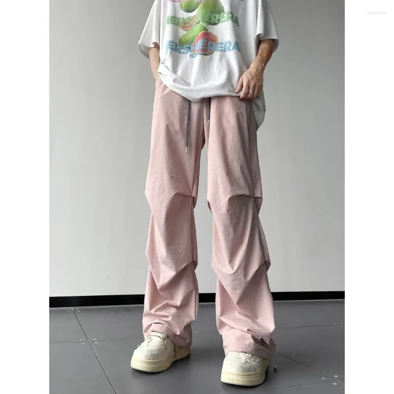 Herenbroek American High Street Pink Cargo Parachute Men Summer Dunne ijs Silk Losse Oversized Harajuku Paar overalls Techwear