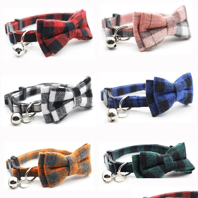 Los collares de gato lideran el collar con la campana y la corbata de lazo lindos patrones a cuadros del diseño gatito ajustable mascota para gatos de drop dh4nj