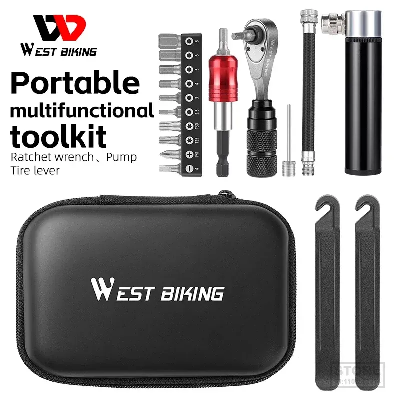 Verktyg West Cykling Professionell cykelverktyg Portable Ratchet Wrench Kit Tire Spak mini Pump Multifunktion Tools Road Cykel MTB Tillbehör