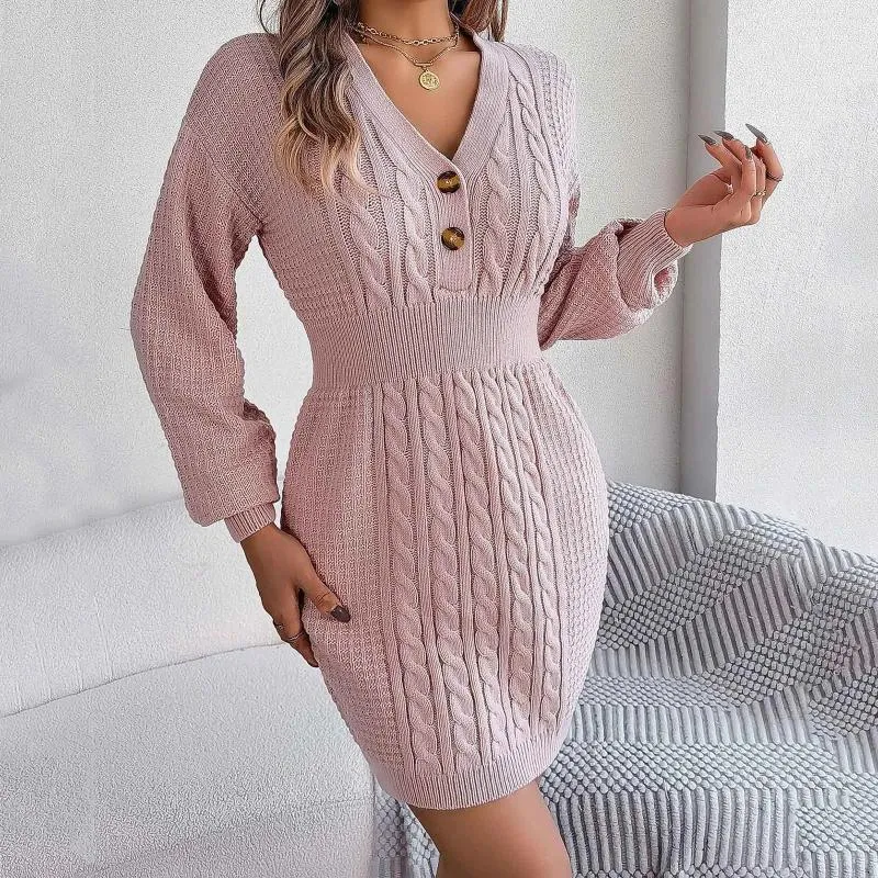 Casual Twist Knit Sweater dress for Women - High Elasticity, Button Closure, V-Neck, Long Sleeves, Autumn/Winter 2021 - Fashionable Mini dress with
