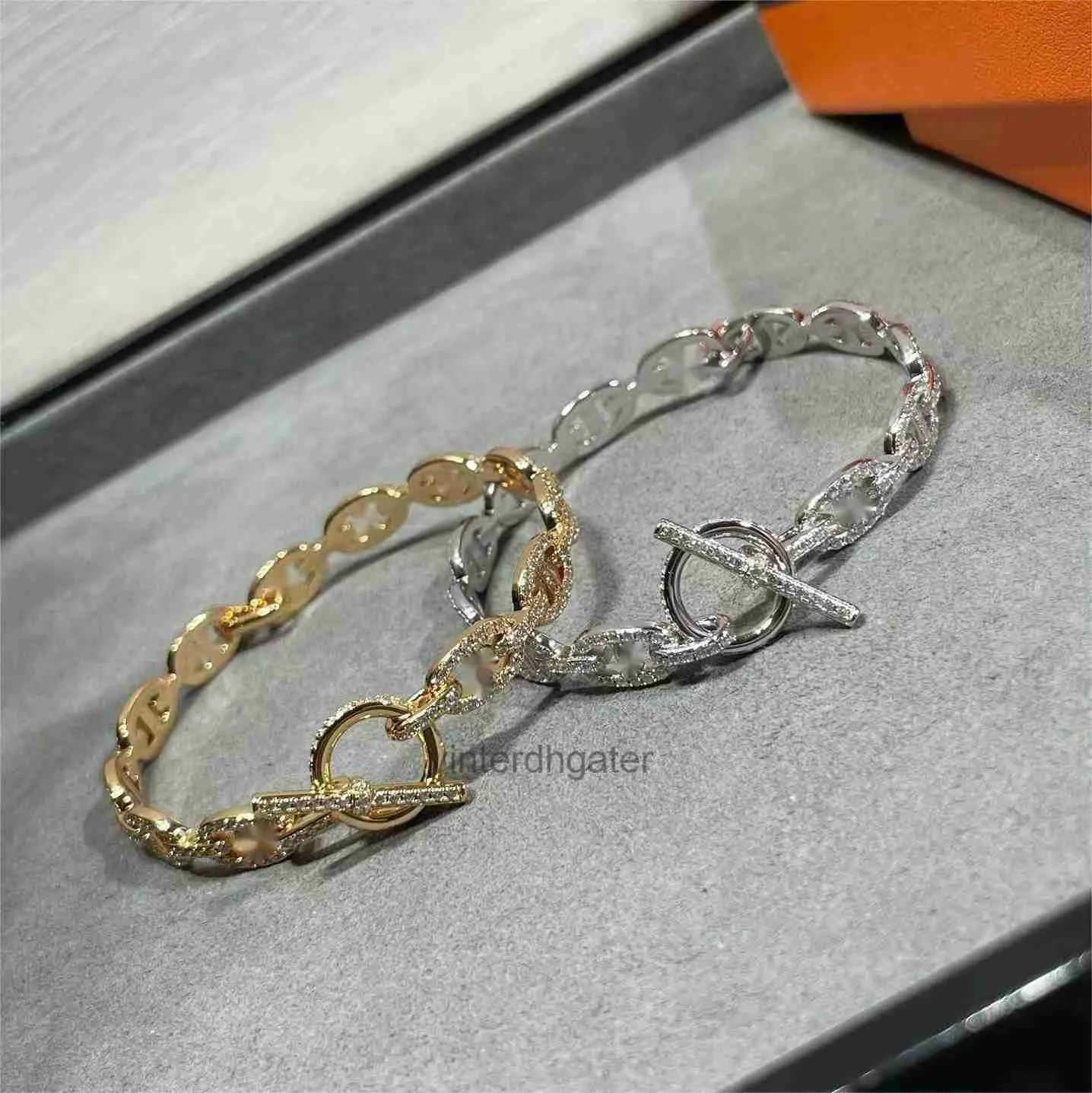 High-end Luxury H Home Bangle 18K Rose Gold D Color Mosonite Full Diamond Group Set Bracelet AU750 White Pig Nose Pure Silver