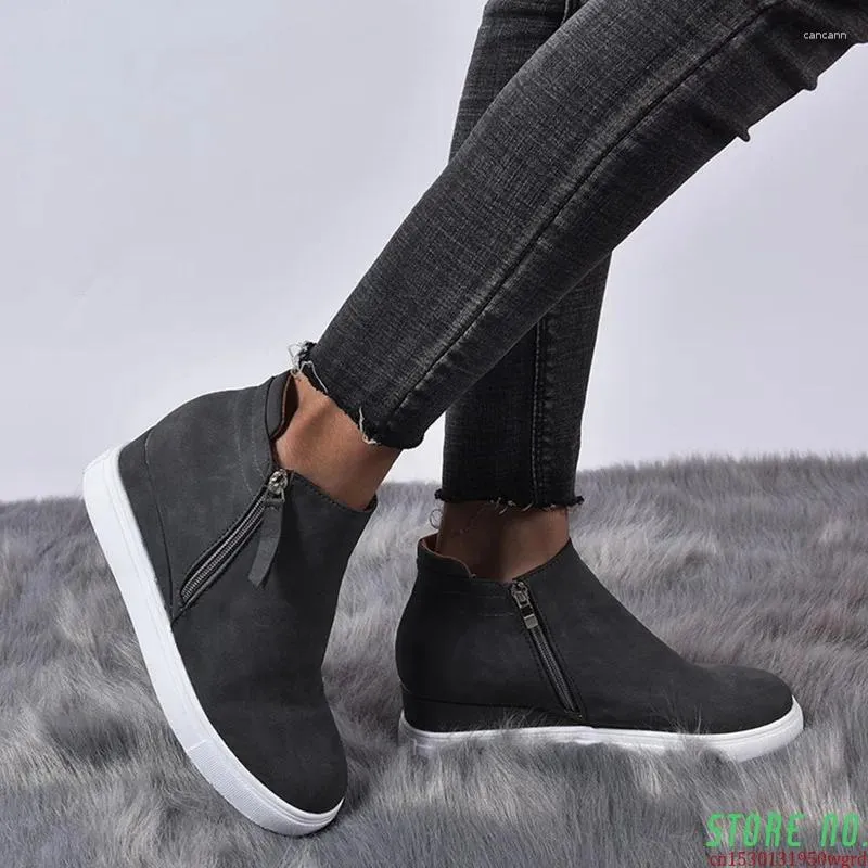 Casual Shoes 2024 Ladies Vulcanized Fashion Side Zipper Wedge Sports Round Toe Mid-heel Inner Höjning Kvinnor