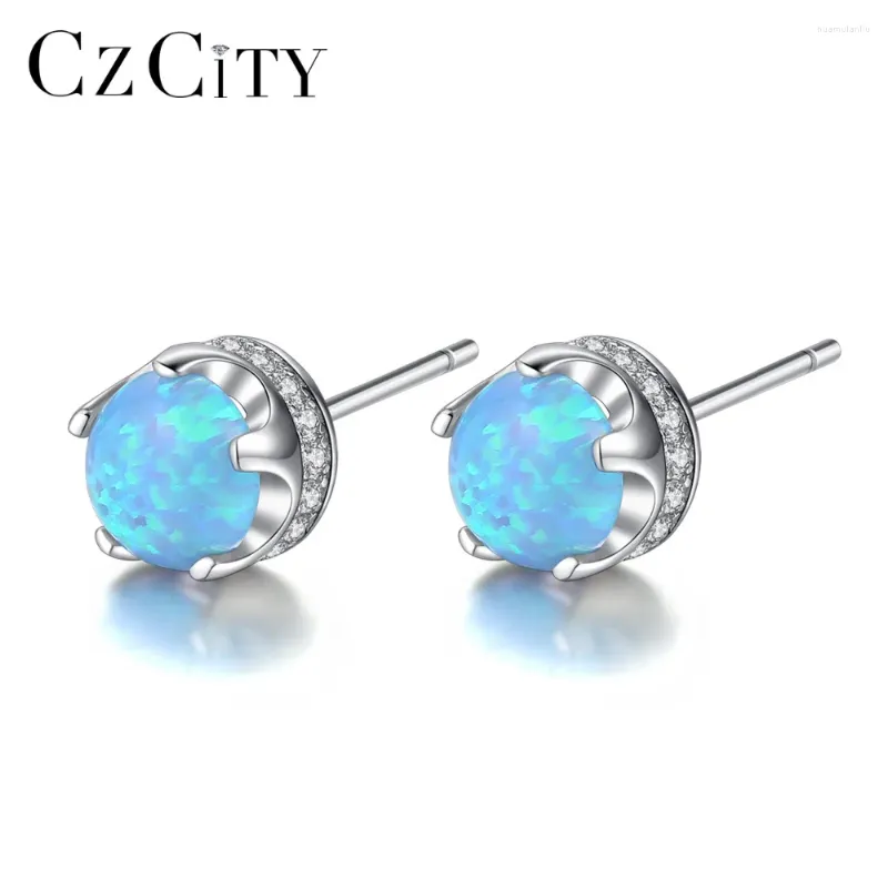 Hölzer Ohrringe Czcity Marke Sterling Silber 925 fein blaugrüner Opal für Frauen hell runde petite Mädchenparty süßes Geschenk