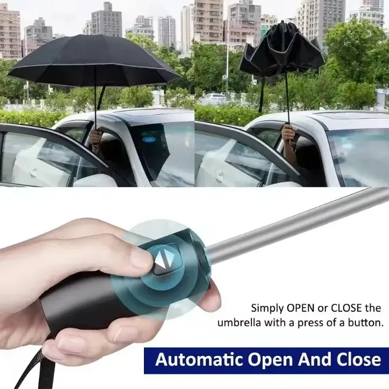 Hommes Femmes Umbrella entièrement automatique parapluie de pliage inversé avec parapluies UV à rayures réfléchissantes à l'épreuve du vent