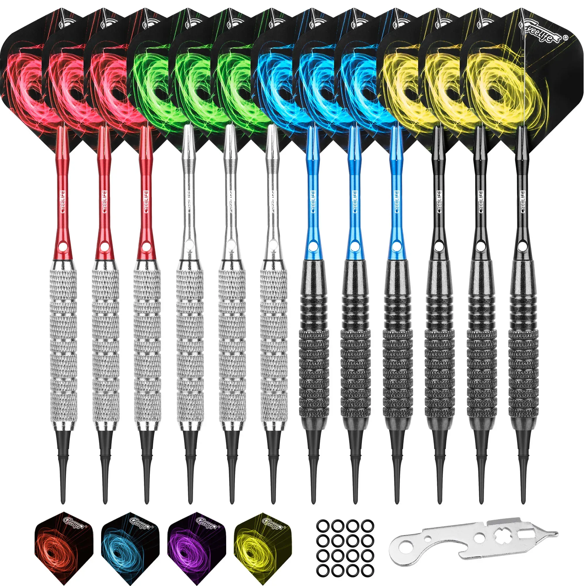 Darts Cyeelife 17+18G Пластиковый наконечник Darts 12 упаковок с 4 цветами алюминиевые валы+резиновые кольца+100 мягких точек+инструмент+12 боев