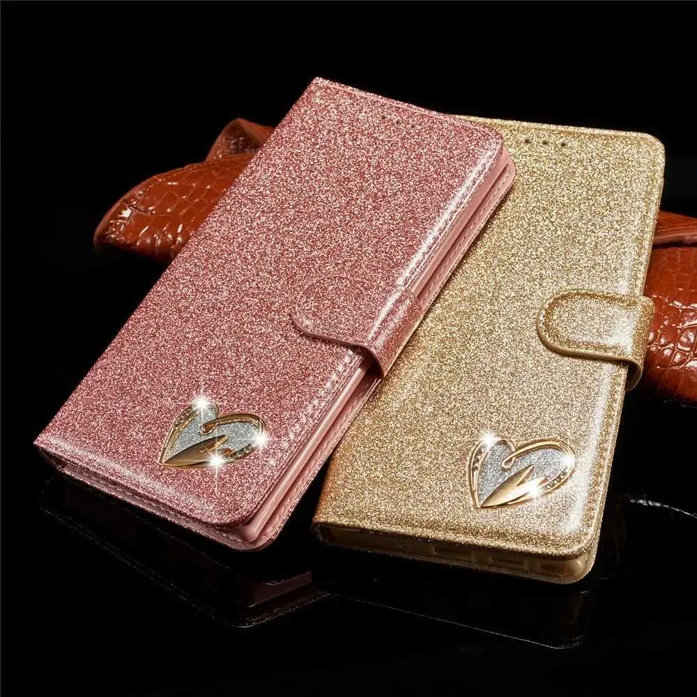 Caso de telefone celular Caso para Samsung Galaxy S24 S23 S22 S21 Ultra S20 Fe S10 S10E S9 Nota 10 mais 5G Glitter Bling Leather Flip Capa Caso D240424