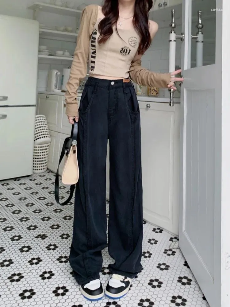 Kadın pantolon yüksek bel düz bacak kot pantolon kadınlar için sonbahar ve kış siyah gevşek montaj moda geniş