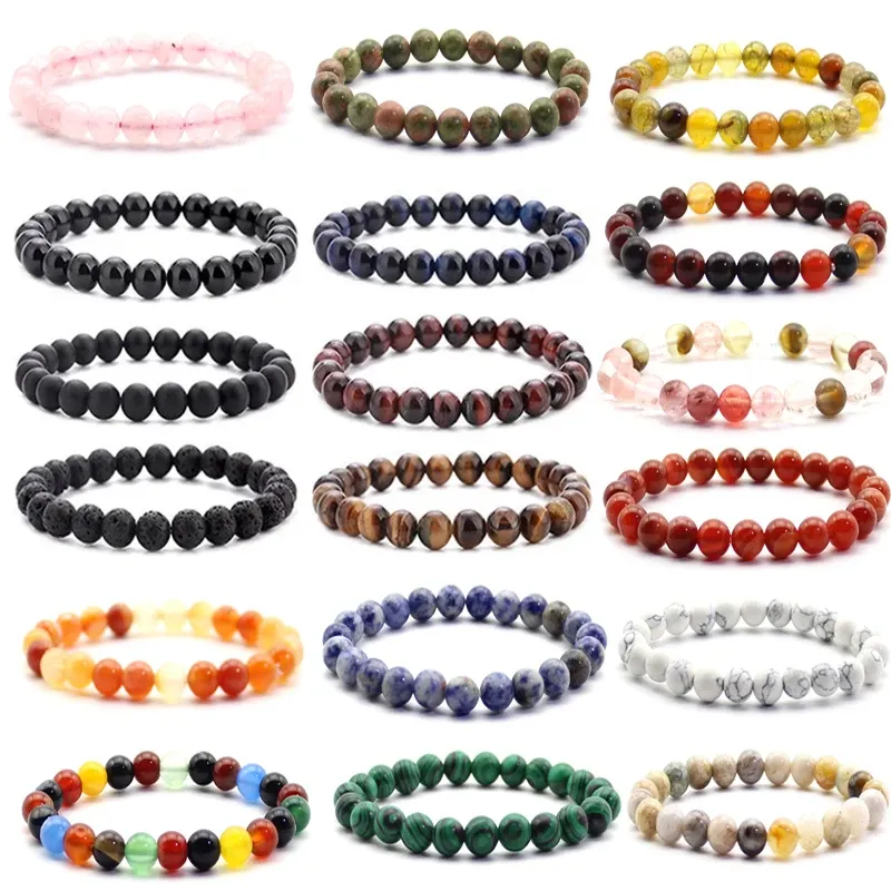 Strands Quartz Bracelet 8mm Natural Stone Round Bead Lava Tiger Eye Black Onyx Energy Healing Beaded Hand Bangle Yoga Women Men Jewelry