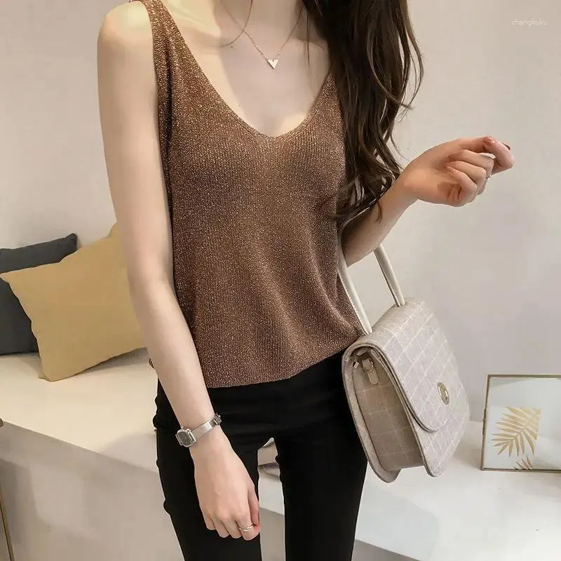 Tanks pour femmes Summer V-Neck Fashion Sans manches Street High Street Casual Loose Pilouss Elegant Bright Silk Ventilate All-Match Tops