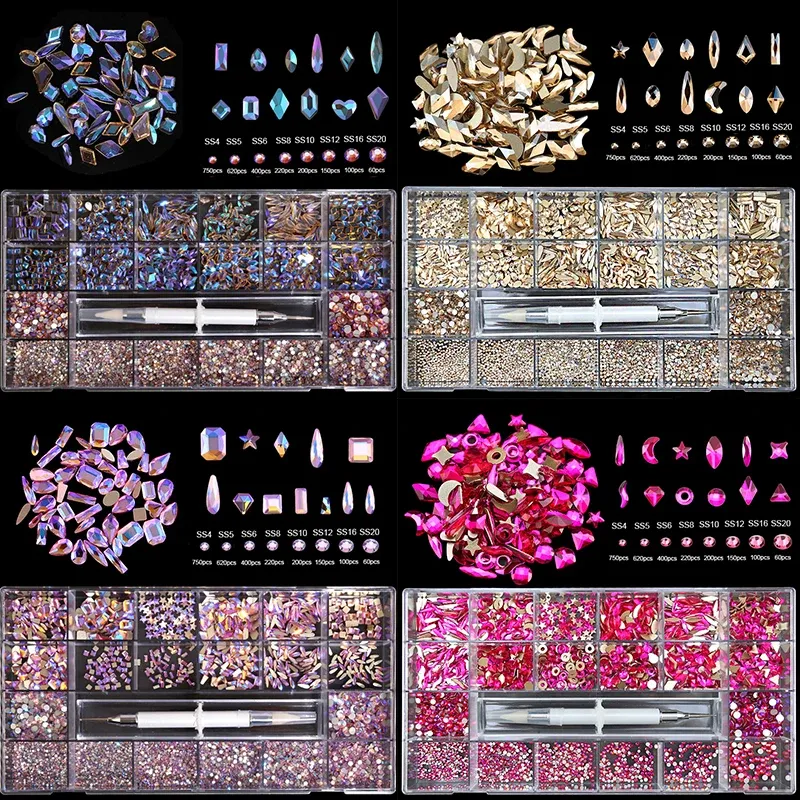 Décorations mixtes AB Glass Crystal Diamond Flat Rinason Nail Art Decoration doigts 21 Boîte de grille ACCESSOIRES ACCESSOIRES