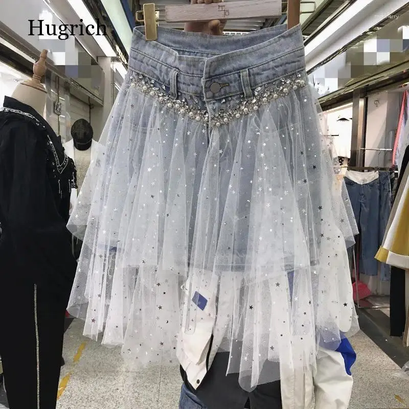 Kjolar pärla kvinnor denim mesh lapptäcke spets kjol hög midja en linje asymmetrisk frill tyll gotisk chic