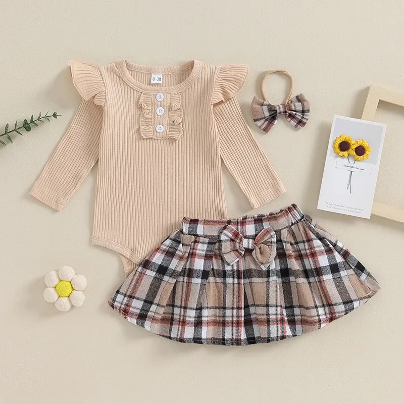 Sets Cute Newborn Baby Girl Fall Winter Clothes Long Sleeve Ruffles Ribbed Romper Plaid Mini Skirt Set 3Pcs Outfit