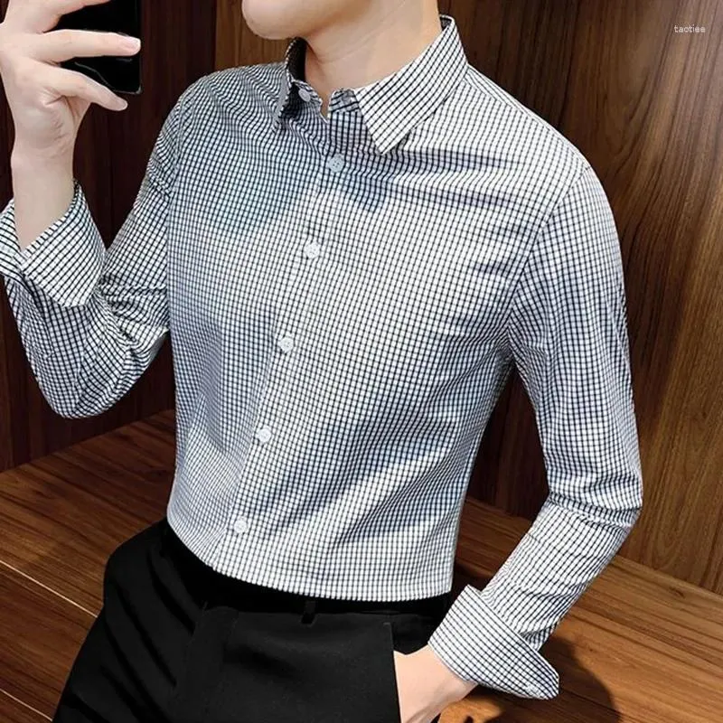 Men's Dress Shirts Fashion Lapel Button Business Lattice Clothing 2024 Autumn Oversized Casual Tops Loose Korean Shirt