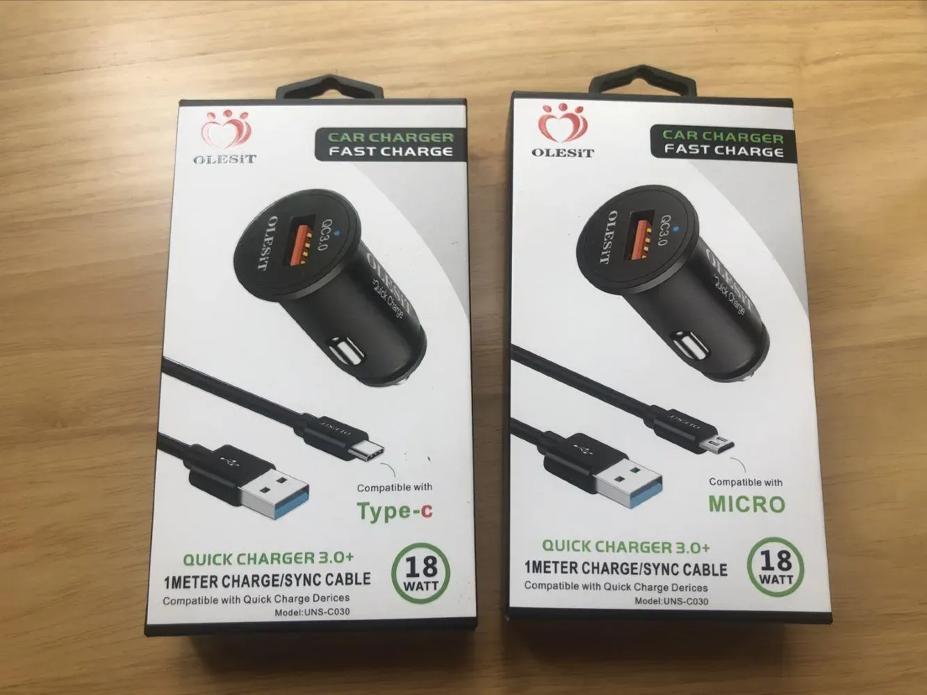 Olesit 18W Quick Car Chargers 3.0 충전기 2A 케이블 고속 충전 유형 C MCIRO 케이블 키트