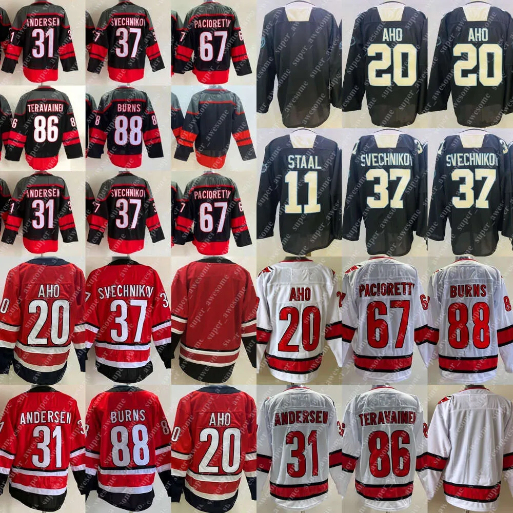 Kob 20 Sebastian Aho Trikot 88 Brent Burns 67 Max Pacioretty 37 Andrei Svechnikov 11 Staal 31 Frederik Andersen Teuvo Teravainen Hockey Jer