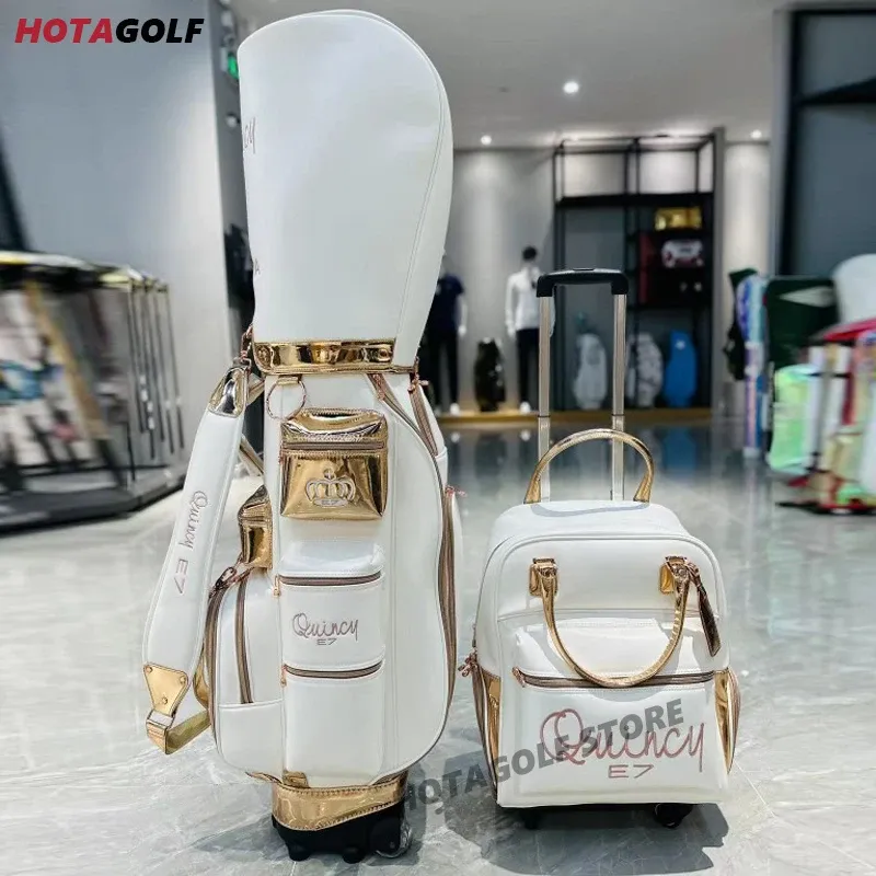 Väskor 2023 New Women's Fashion White Gold Golf Bag med Roller Golf Professional Bag