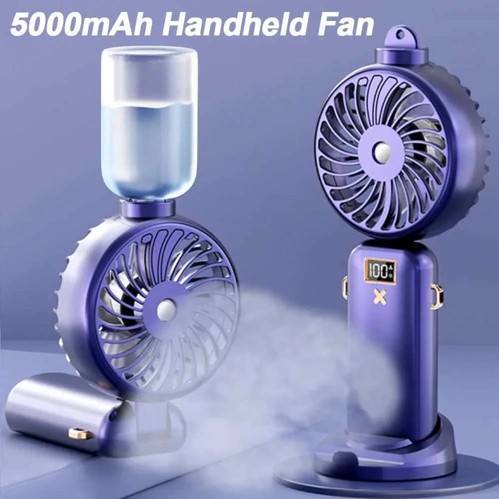 Andere apparaten Handheld Fan 5000MAH USB LADING PROTABLE MIST MIST ELEKTRISCHE SPRAY FAN 5-Speed Mini Fan met LED Digital Display J240423