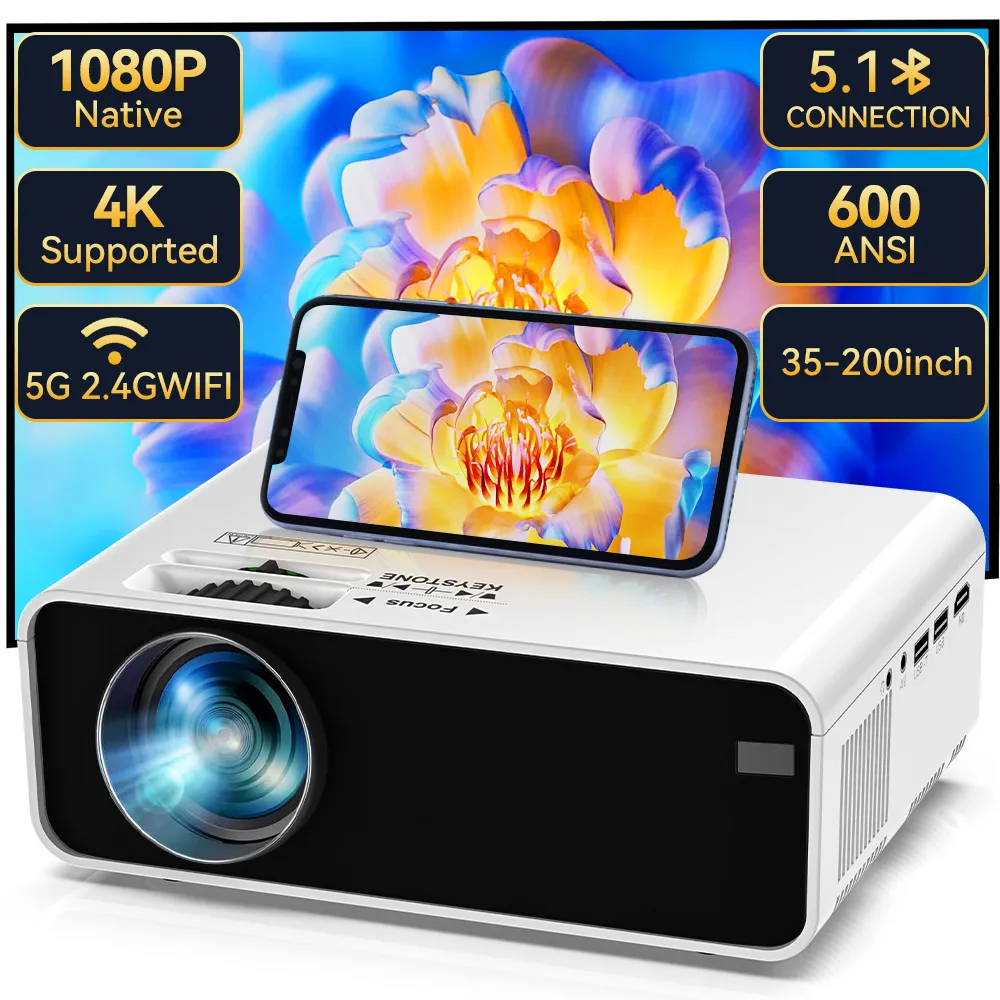 Mini Portable LED Projector, HD 1080P, 4K Support, Pre-install APP, WiFi Wireless Remote Control Display, for Home Theater Small Office Classroom, PC, Phone, W80