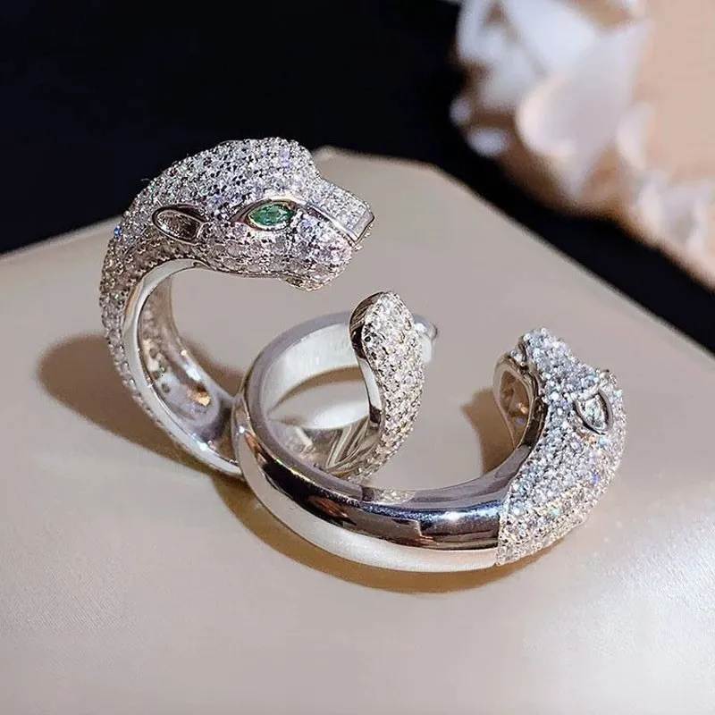 Кольца сатурна стерлингов украшения серебро S925 Diamond Green Eyed Leopard Head 18k Rose Gold Open Ring Женщины 240420