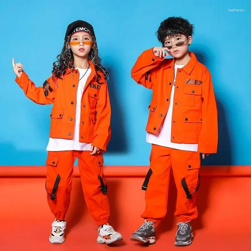 Abbigliamento da palcoscenico per performance abbigliamento jazz hip hop costumi per bambini ragazze arancione manica lunga hiphop streetwear