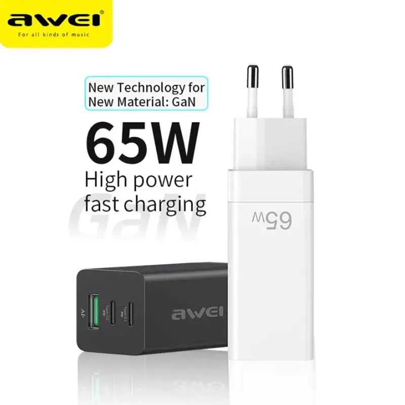 Chargers AWEI PD9 65W GAN Quick Charger 3 Porta Typec USB PD Caricatore veloce Adattatore di potenza di carica per iPhone 12 Xiaomi Laptop Plug