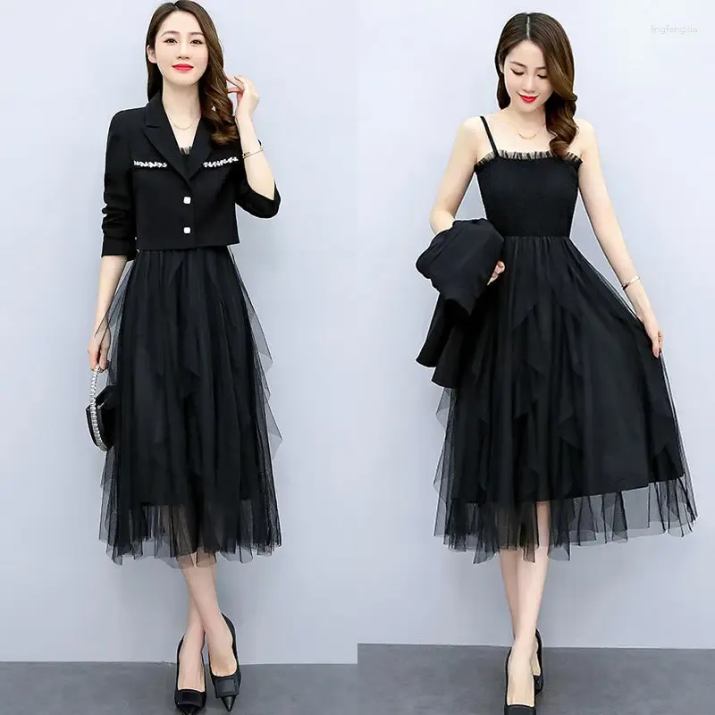 Work Dresses 2024 Spring Autumn Diamond-studded Short Suit Coat Dress Two-piece Women's Elegant Blazers Slim Suspender Mesh Skirt Set