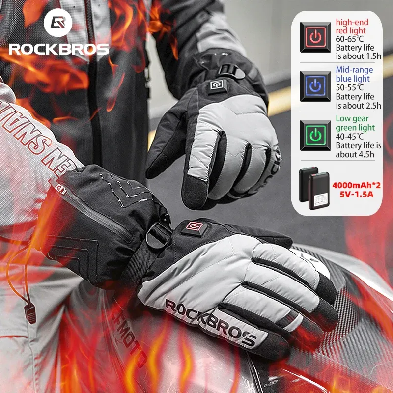 Gloves ROCKBROS Winter Heated Gloves Warmer Skiing Gloves With Battery Powered Motorcycle Heating Windproof Full Finger Bike Gloves