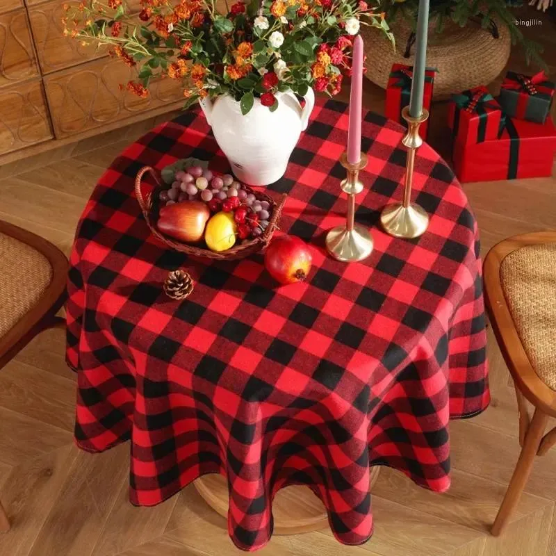 Tela de mesa estilo americano lino de algodón navidad rojo a cuadros redondo mantelador de manteles toalla de toalla de toalla de decoración de bodas en el hogar