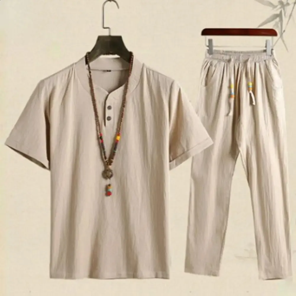 夏のファッションメンシャツズボンセットコットンとリネン半袖メンズカジュアルトップパンツ衣装M4XL 240420